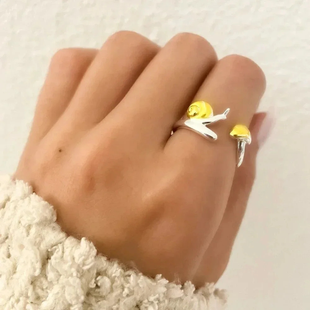 925 Sterling Silver Snail and Mushroom Ring Minimalist Wrap Ring Two Tone Ring